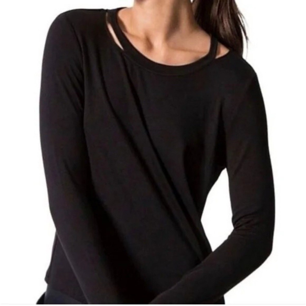 Lime & Vine Top Large Womens Cut Out Neckline Long Sleeve Stretch Black Lounge